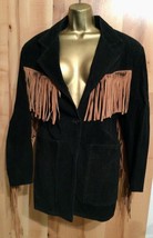 Womens Medium Black Suede Western Style Barn Type Coat Leather Tassels - £15.86 GBP