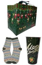 3 Pc. Christmas-Themed Large Gift Bag 1 Pair Socks Plastic Tumbler  Gift... - €8,50 EUR
