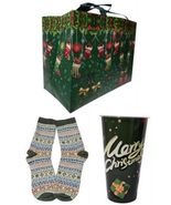 3 Pc. Christmas-Themed Large Gift Bag 1 Pair Socks Plastic Tumbler  Gift... - $9.89
