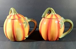 Set Of 2 Mesa Pumpkin Stoneware Mugs w/ Lid Coffee Cup Thanksgiving Fall Autumn - £26.95 GBP