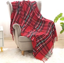 Plaid Throw Blanket Red With Tassels 50 X 60 Inches Tartan Chenille Throw Fringe - £30.46 GBP