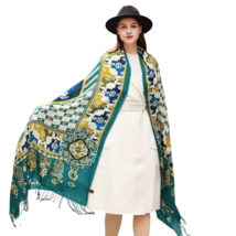 Anyyou Scarf 100% Merino Wool Blue Biege  Silk Satin Large Winter Pashmina Shawl - £69.14 GBP