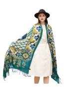 Anyyou Scarf 100% Merino Wool Blue Biege  Silk Satin Large Winter Pashmi... - $86.50