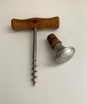 Vintage Wood Handle Corkscrew &amp; Wine Stopper Set - £7.74 GBP