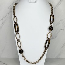 Chico&#39;s Gold Tone Chain Link Chunky Plastic Tortoise Beaded Long Necklace - £15.62 GBP