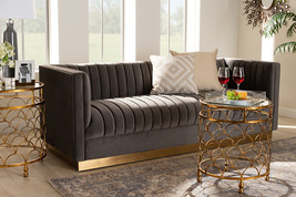 Benicia Gray Velvet Fabric Upholstered Brushed Gold Finished Sofa - $13,156.59 MXN
