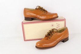 NOS Vintage 90s Womens 7.5 B Chunky Heel Leather Wingtip Shoes Camel Brown USA - £78.41 GBP