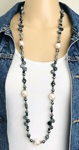 Vintage Black Gray Geometric Marbled Acrylic Bead Pink Pearl Strand Necklace - £15.87 GBP