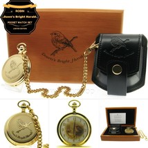 Robin Bird Gold Pocket Watch Gift Set 53 MM Brass Leather Pouch Wood Box C79 - £90.07 GBP