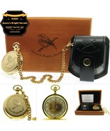 Robin Bird Gold Pocket Watch Gift Set 53 MM Brass Leather Pouch Wood Box... - £90.05 GBP