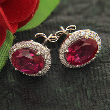 925 4.75Ct Oval Cut Pink Sapphire White Cz Halo Stud Earrings in 14K Gold Over - £59.83 GBP