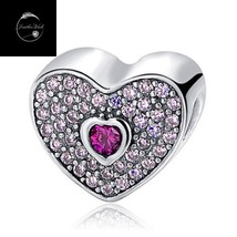 Genuine 925 Sterling Silver Pink Sweet Love Heart Bead Charm For Bracelets &amp; CZ - £14.66 GBP