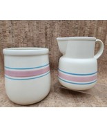 McCoy Pink &amp; Blue Striped Cream Pitcher 132 &amp; Utensil Crock Set Made in ... - $82.85 CAD