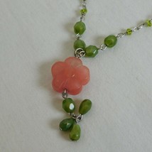 Green Bead Pink Flower Pendant Girls Fashion Necklace 9.5&quot; Clasped Flora... - £7.66 GBP