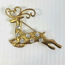 Christmas Reindeer Brooch 2&quot;X1.5&quot; Gold Tone with Clear Rhinestones - £6.20 GBP
