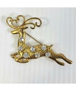 Christmas Reindeer Brooch 2&quot;X1.5&quot; Gold Tone with Clear Rhinestones - £6.18 GBP