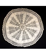 Hand Crocheted Cotton Lace Beige Tablecloth Doily Floral Round 33&quot; Vintage - $40.96 CAD