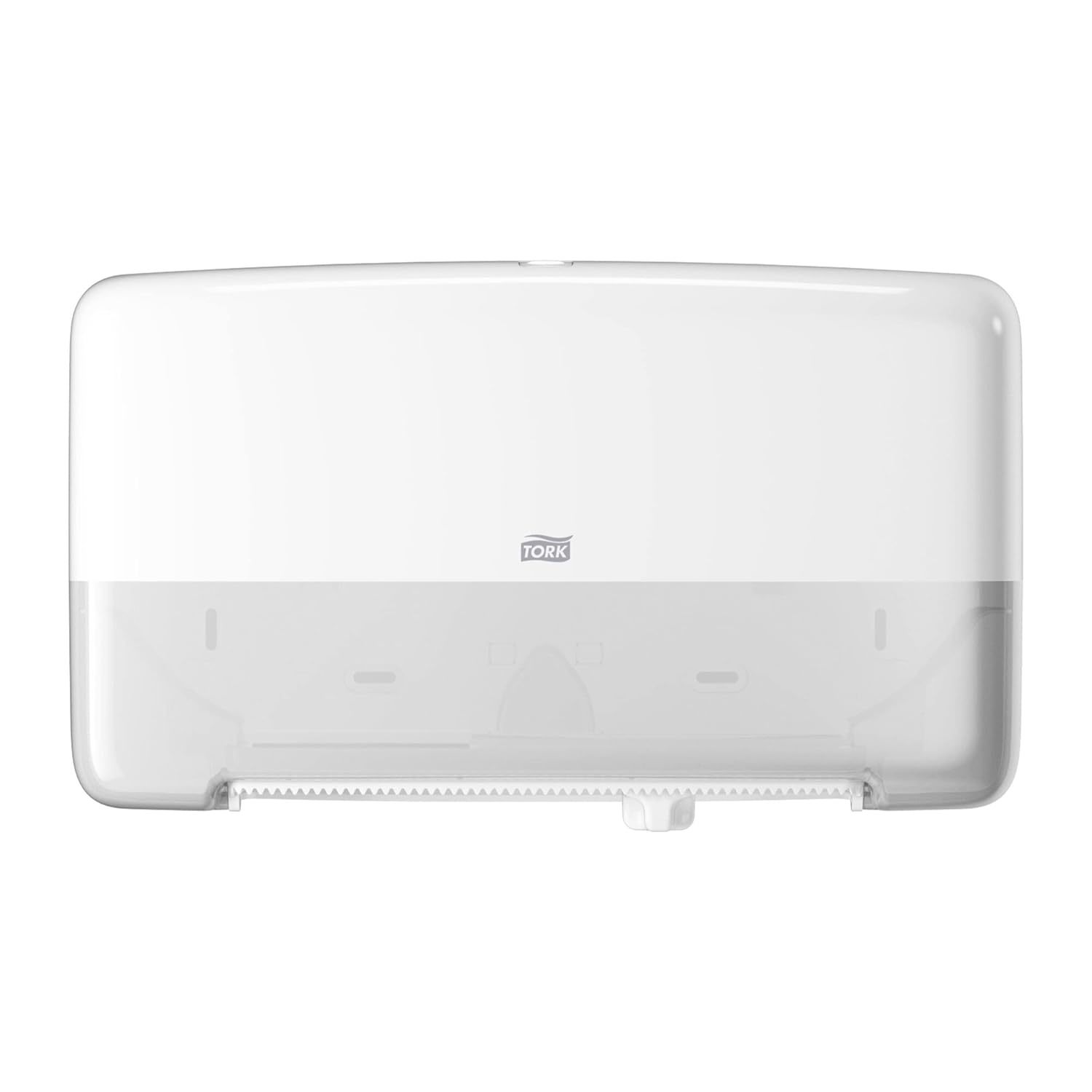 Tork Twin Mini Jumbo Toilet Paper Roll Dispenser White T2, Protects Rolls, Eleva