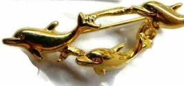 Triple Dolphin 3D Family Ocean Gold Tone Costume Brooch Pin Used - £6.72 GBP
