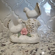 Adorable White Dove Pair Love Birds with Pink Rose Flower and Gold Trim Figurine - £6.80 GBP