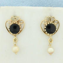 Vintage Onyx and Pearl Heart Dangle Earrings in 14k Yellow Gold - $270.00