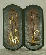 Pair of Vintage Copper &amp; Brass 3D Cattails &amp; Reeds Wall Art Plaques MCM - £38.91 GBP