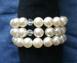 Elegant Faux Pearl &amp; Iridescent Cut Glass Wrap Bracelet 1960s vintage - £11.69 GBP
