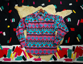 Vtg 1980s 90s NAVAJO Turquoise Pink ALL-OVER Print BRUSHPOPPER Rodeo Shi... - £75.56 GBP