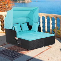 Patio Rattan Daybed Lounge Retractable Top Canopy Side Table Turquoise Cushions - £372.53 GBP