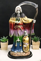 Large 16.75&quot;H Rainbow Holy Death Santa Muerte Holding Scythe Globe W/ Owl Statue - £58.57 GBP
