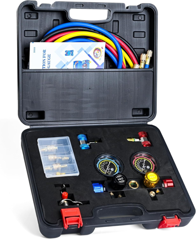 4 Way Automotive AC Gauges with 5Ft Hoses, Adapters, 1/4&quot; Couplers, Can Tap - $128.83