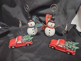 Set Of 4 Christmas Name Card Holders. Red Truck W/ Tree And Snowman - $8.42