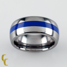 Men&#39;s Tungsten Carbide Band Ring w/ Blue Stripe Size 5 - £68.53 GBP