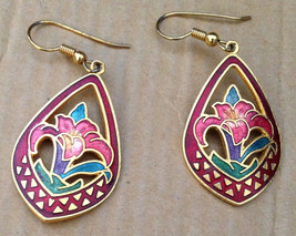 Vintage 1970s Brass Cloisonne Enamel Iridescent Red Iris Lily Flower Ear... - $36.96