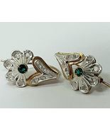 Earrings Large Vintage Old Jewelry Gold 585 14k Emeralds 0.20 ct Diamonds 0.46ct - $470.00