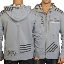 Rebel Spirit Black Stripe Raw Stitch Button Trim Men Long Sleeve Zip Hoodie Grey - £86.95 GBP