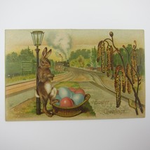 Easter Postcard Rabbit Waits for Train with Basket Colored Eggs Embossed Antique - £7.97 GBP
