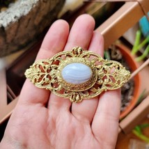 Vintage Ornate Gold Grey Gray Agate Stone Victorian Edwardian Style Brooch Pin - $44.99