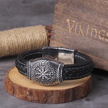 Viking Vegvisir Compass Bangle Odin Leather Bracelet Nose Runes Men Jewelry Gift - £18.34 GBP+