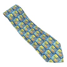 Vintage 90s Ermenegildo Zegna Blue Green Tan Squares 100% Silk Necktie Tie - $24.65