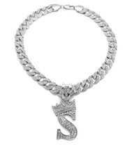 Crowned Initial Letter S Crystals Pendant Silver-Tone Cuban Chain Necklace - £35.37 GBP