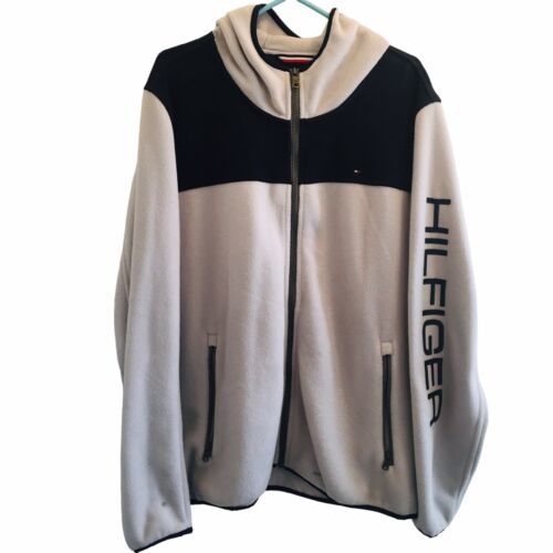 Primary image for Tommy Hilfiger Full Zip Jacket L Men's Spellout Long Sleeve Light Gray/Blue Hood