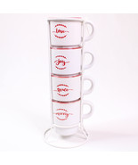 Set Of 4 Designs Signatures CHRISTMAS WORDS Stackable White Cups With Wi... - $13.54