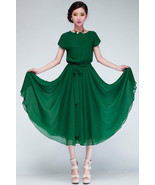 Unomatch Women Loose Fasten Waist Short Sleeved Empire Dress Green - £24.03 GBP