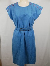 Vintage Blue Kay Windsor Sheath Dress With Belt With Pink Button Accents - £31.89 GBP