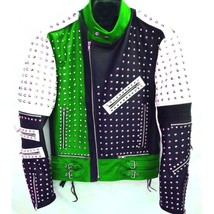New Unique Design Full Studded Biker Leather Jacket Green Black White Color Mens - £191.80 GBP