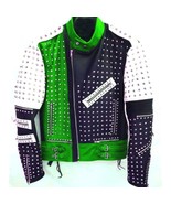 New Unique Design Full Studded Biker Leather Jacket Green Black White Color Mens - £188.78 GBP