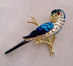 Vintage Blue Parrot Macaw Bird Brooch Lapel Pin Unsigned 2&quot; Rhinestone - £11.75 GBP