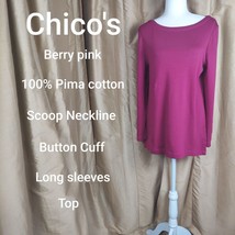 Chico&#39;s Size 1 Berry Pink Pima Cotton Button Cuff Top - £11.15 GBP
