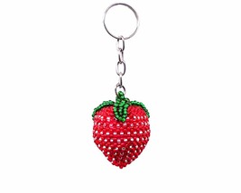 Strawberry Fruit Czech Glass Seed Bead 3D Figurine Keychain Metal Ring - Handmad - £7.81 GBP